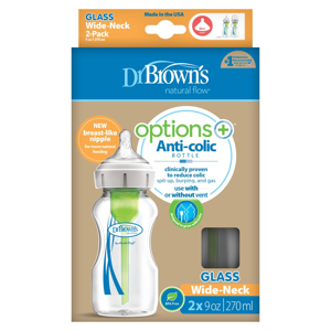 
Dr.Brown´s Natural Flow Options+ Anti-colic Wide-Neck Glass Baby Bottle Duo kojenecká láhev 2x270 ml
		