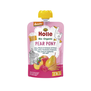 Holle Pear Pony Bio ovocné pyré hruška broskev, maliny a špalda 100 g